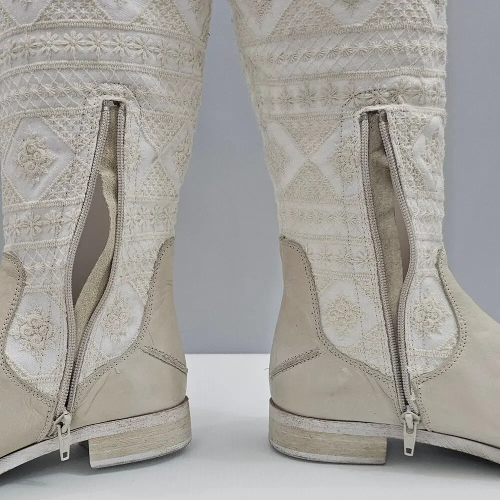 Free People Bren Knee High Boot Womens EU 37 Cream Embroidered Boho Slouchy NEW